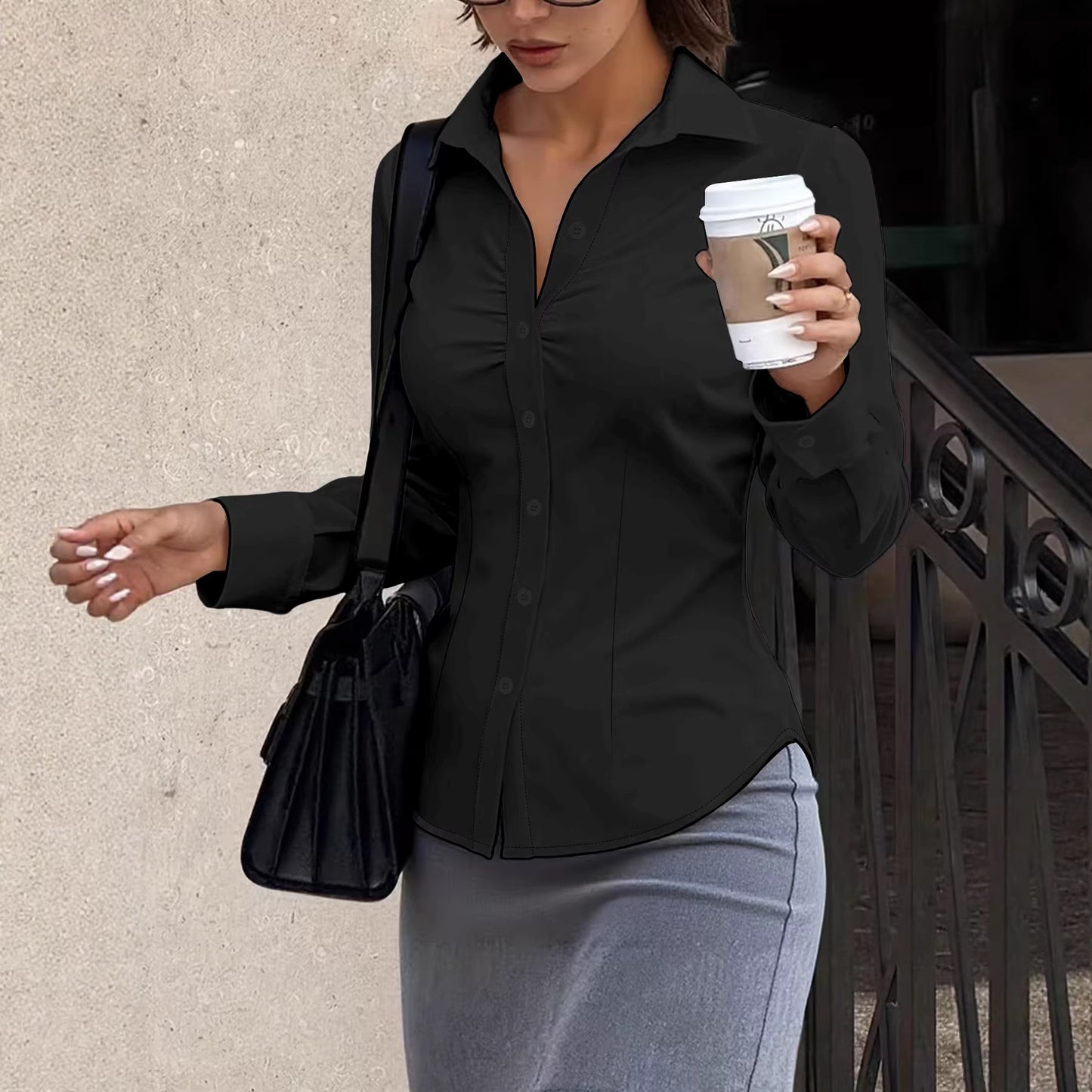 Women's Ruched Fitted Button Down Office Blouse
