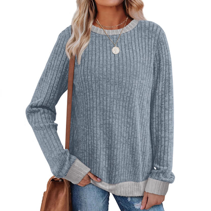 Women's Ribbed Long Sleeve Crew Neck Pullover Top