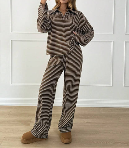 Striped Lounge Set Women Collared Pullover Wide Leg Pants