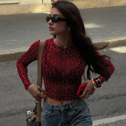 Leopard Print Sheer Mesh Long Sleeve Crop Top