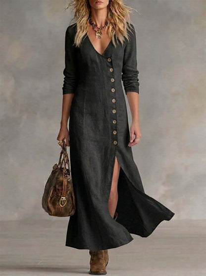Women's Linen V-Neck Button Front Maxi Dress Slit