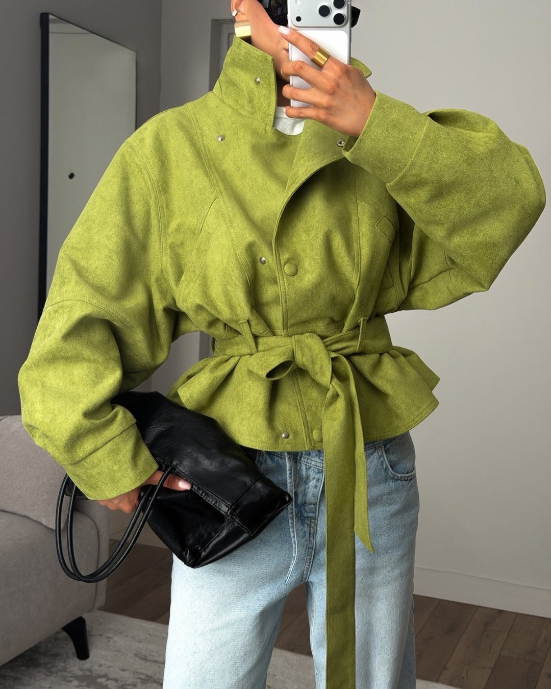 Women's Belted Cropped Jacket Stand Collar Trench Coat