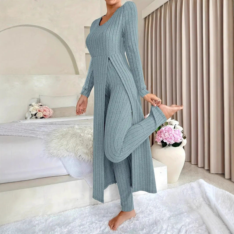 Women's Ribbed Knit Side Split Long Sleeve Two Piece Set