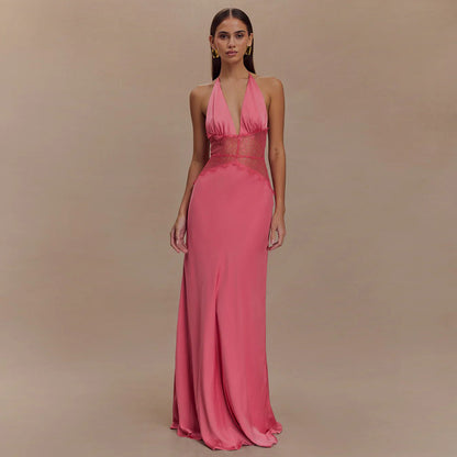 Halter Deep V Neck Backless Lace Bodycon Maxi Dress