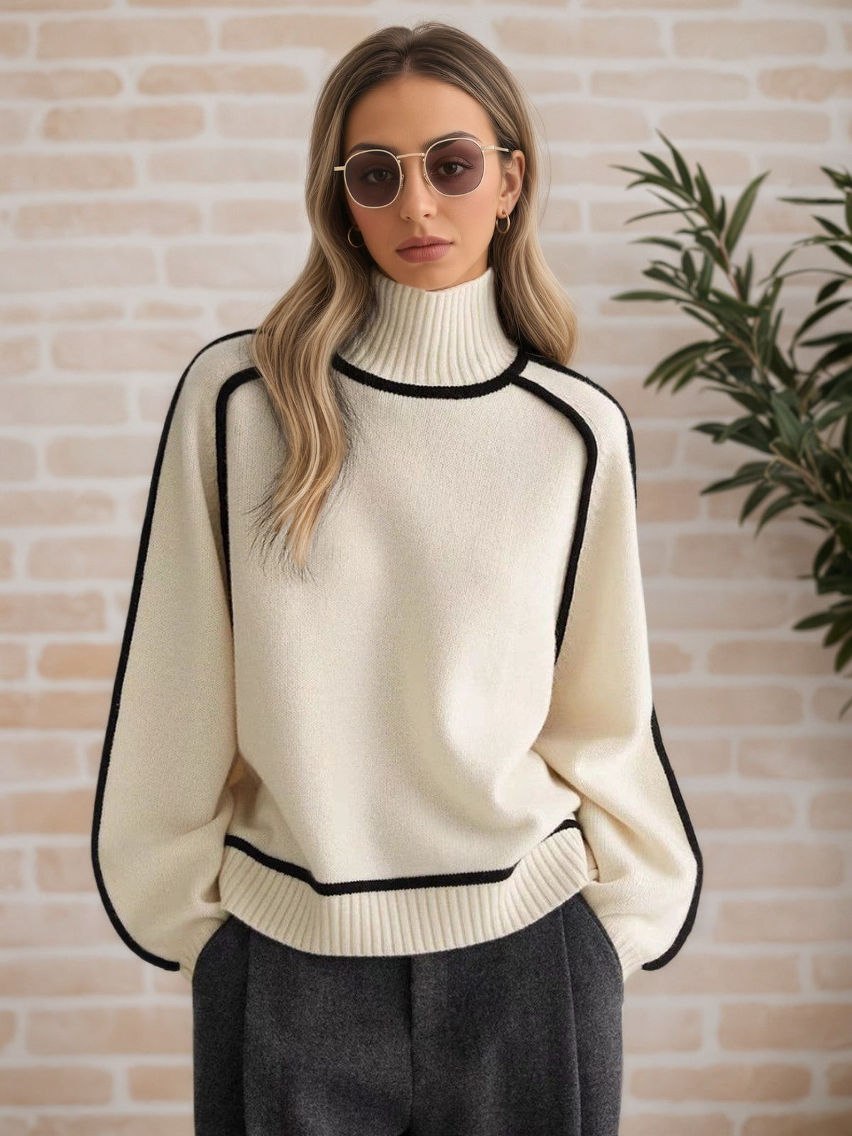 Women's Mock Neck Ribbed Sweater Contrast Trim Pullover