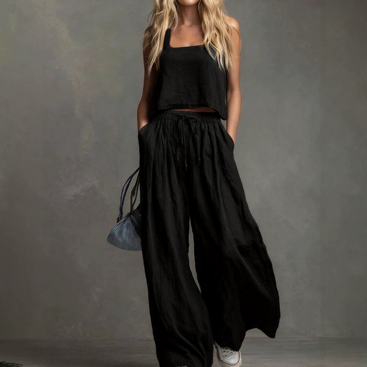 Women's Linen Look Matching Set Tank Wide Leg Pants