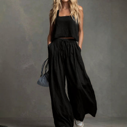 Women's Linen Look Matching Set Tank Wide Leg Pants