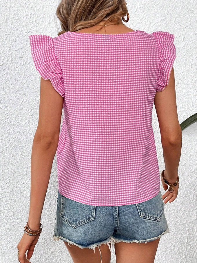 Gingham Square Neck Ruffle Sleeve Blouse Top