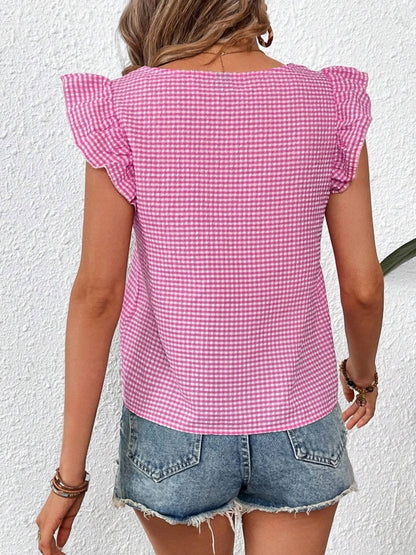 Gingham Square Neck Ruffle Sleeve Blouse Top