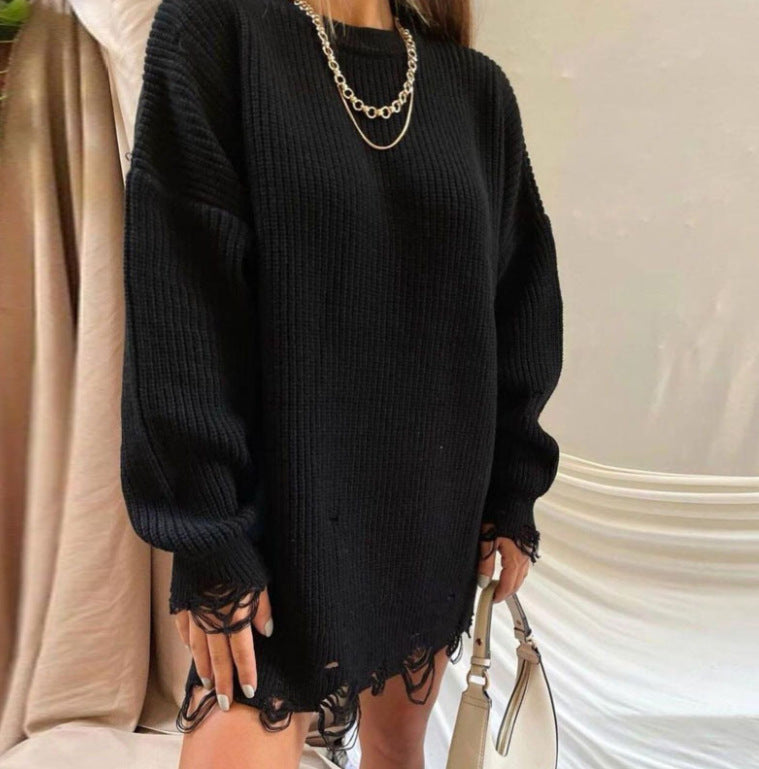 Women's Oversized Distressed Sweater Dress Crew Neck