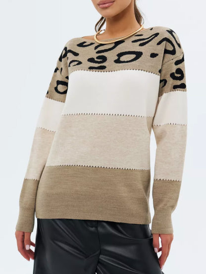 Women's Leopard Colorblock Off Shoulder Sweater