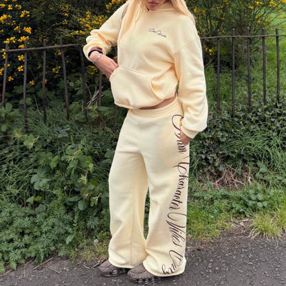 Embroidered Hoodie Lounge Set Wide Leg Sweatpants