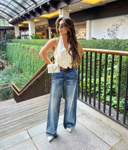 Women's Vintage Washed High Waist Wide Leg Denim Jeans