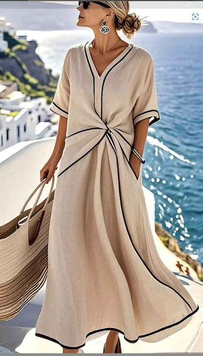 Women's Boho Linen Blend V-Neck Twist Front Maxi Dress