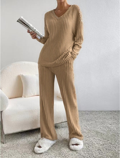Women's 2 Piece Ribbed Knit V Neck Wide Leg Pants Set