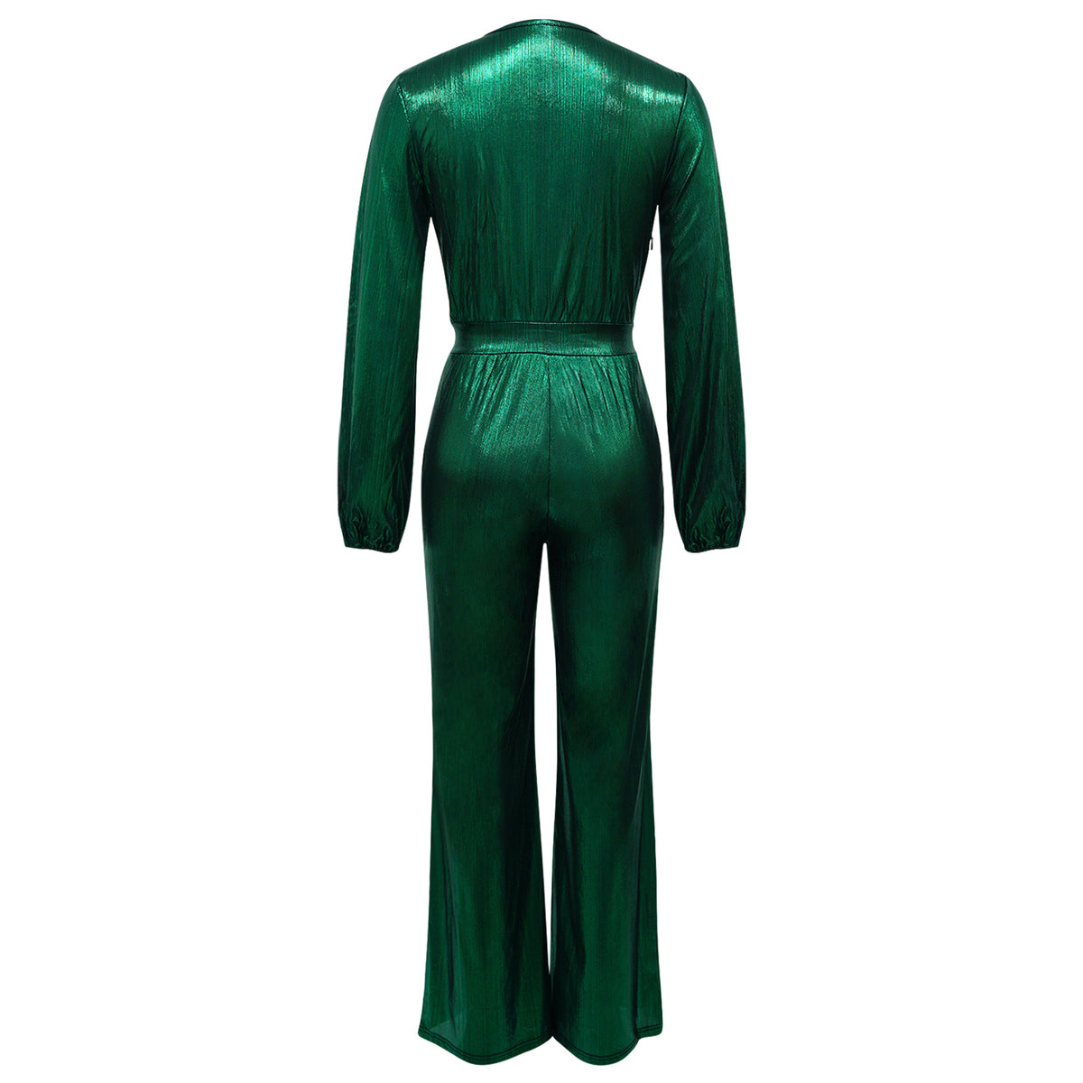 Sexy Metallic V-Neck Long Sleeve Flare Jumpsuit
