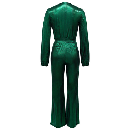 Sexy Metallic V-Neck Long Sleeve Flare Jumpsuit