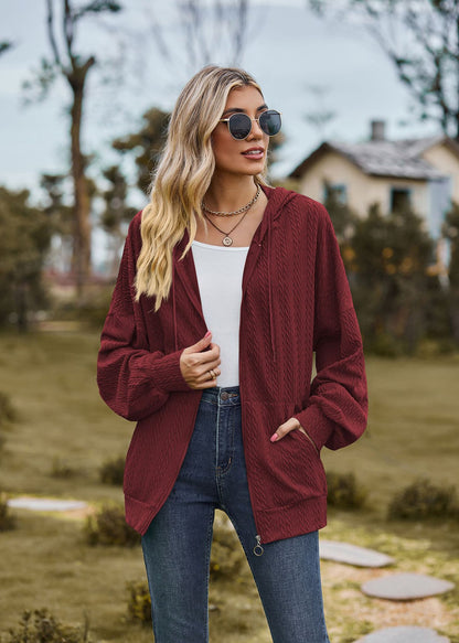 Oversized Textured Zip-Up Hoodie Jacket Pockets