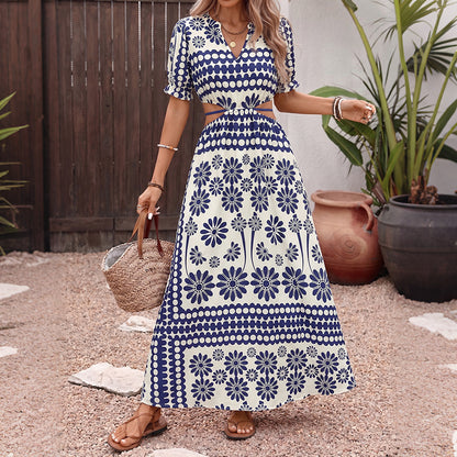 Blue Floral Cutout Maxi Dress V Neck Boho Resort Dress