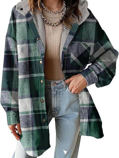 Women's Plaid Flannel Hooded Shacket Jacket