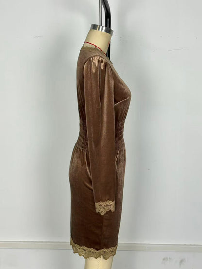 Brown Velvet Midi Dress Smocked Waist Lace Trim