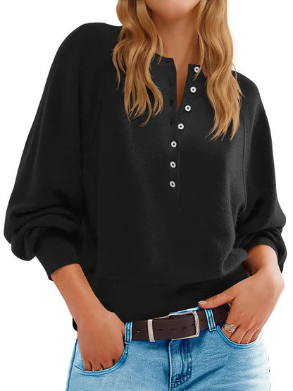 Women's Oversized V-Neck Button Lantern Sleeve Sweater