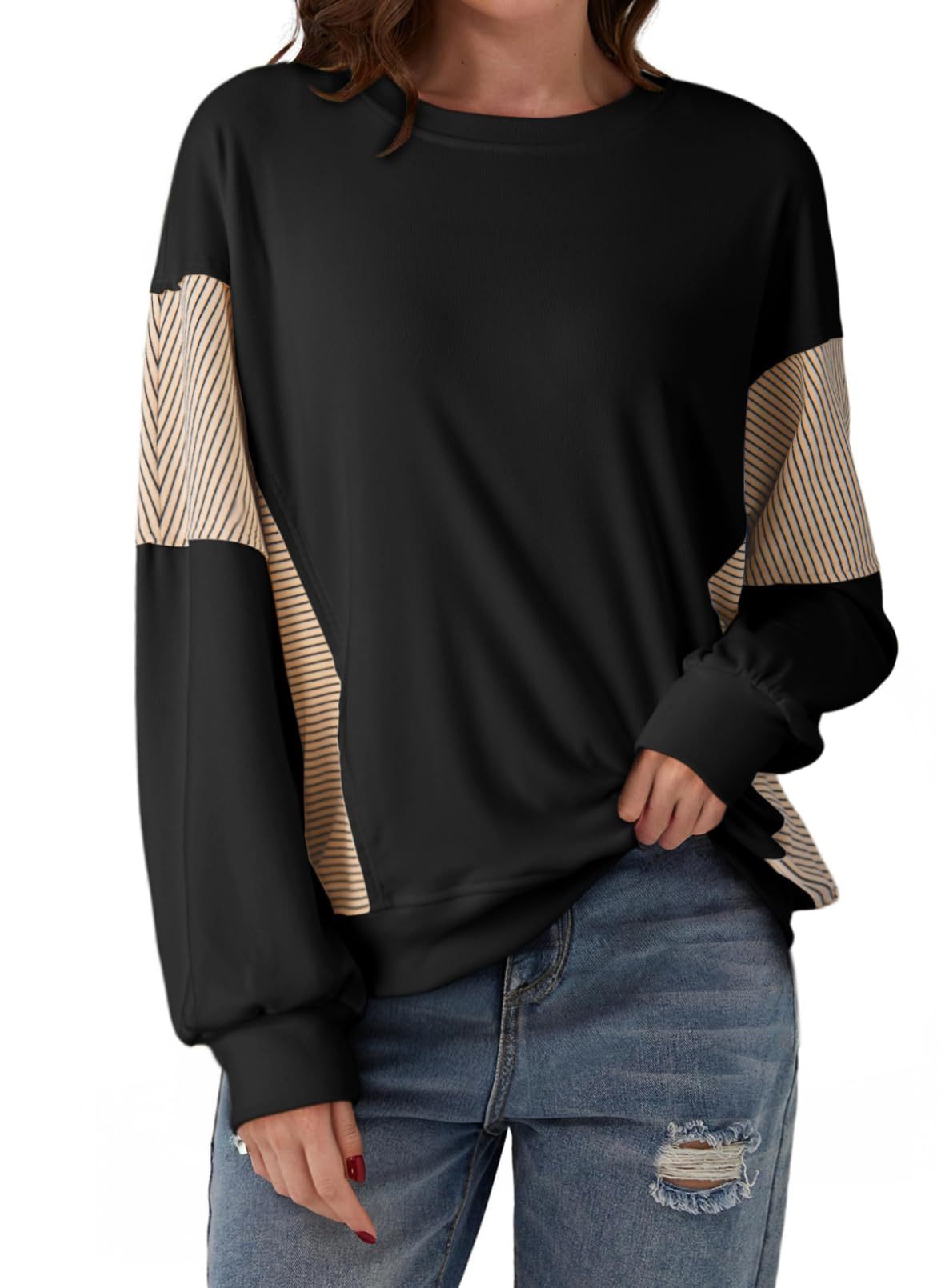 Colorblock Striped Sweatshirt Women Casual Pullover Top