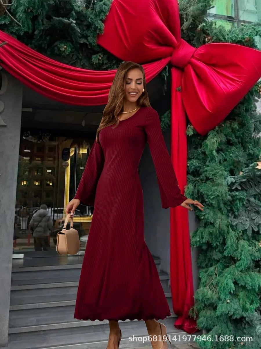 Long Sleeve U Neck Ribbed Knit Tie Back Maxi Dress