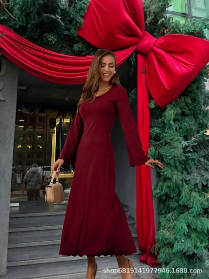 Long Sleeve U Neck Ribbed Knit Tie Back Maxi Dress