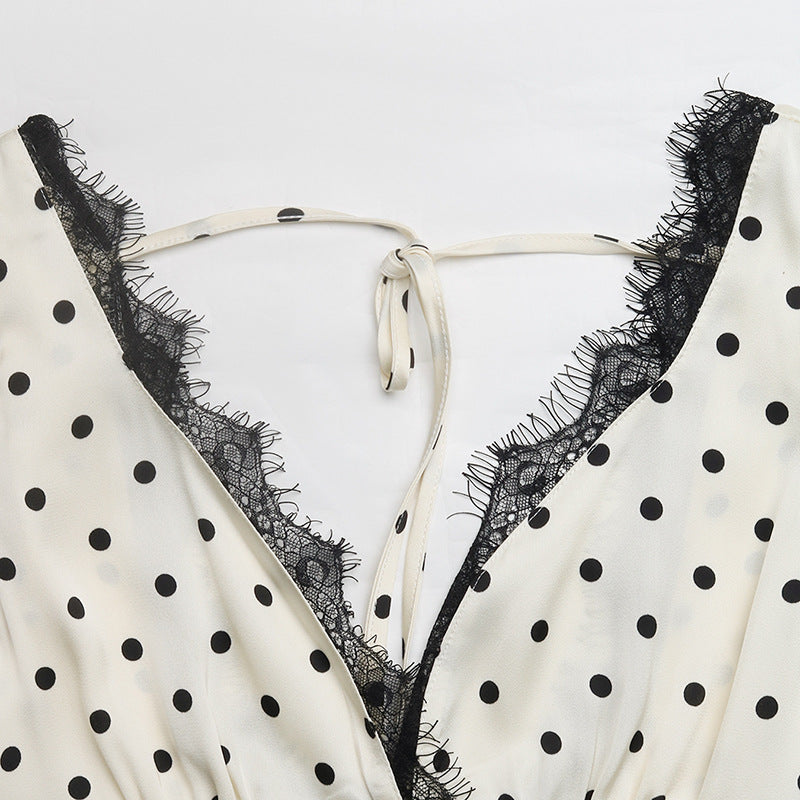 Vintage French Style Polka Dot Lace Splice Deep V Back Dress