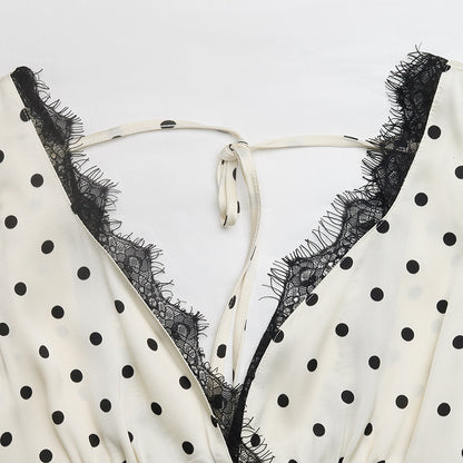 Vintage French Style Polka Dot Lace Splice Deep V Back Dress