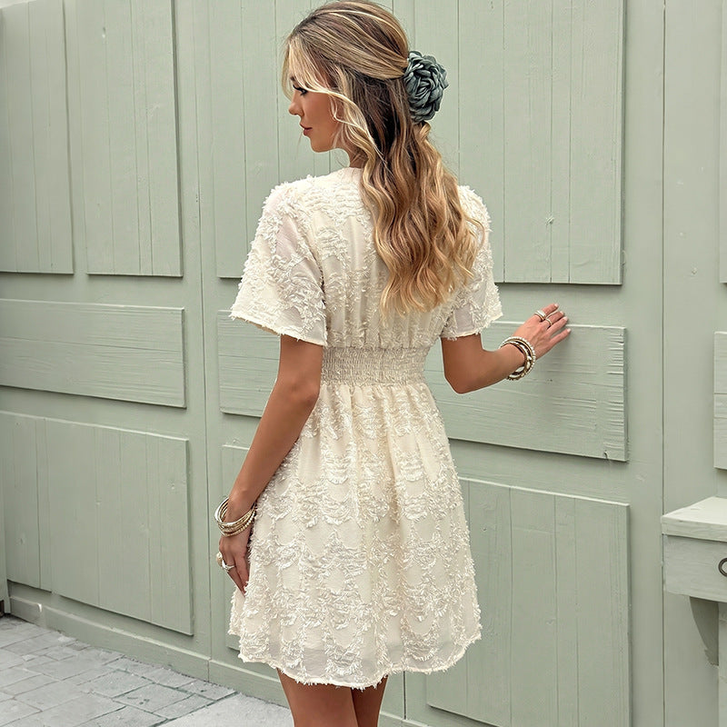 Textured Jacquard V Neck Mini Dress Puff Sleeve Sundress