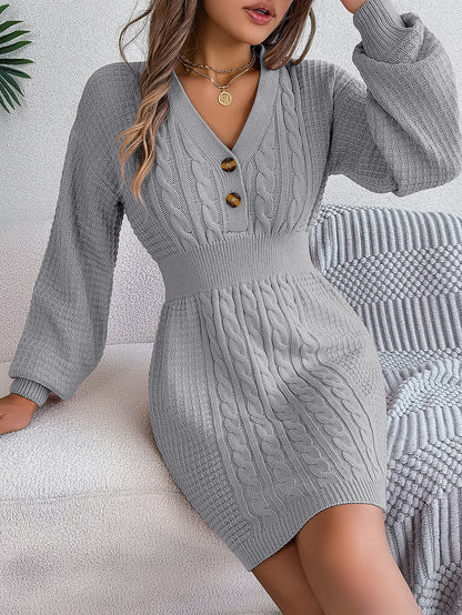 Button V Neck Sweater Dress | Cable Knit Bodycon Outfit