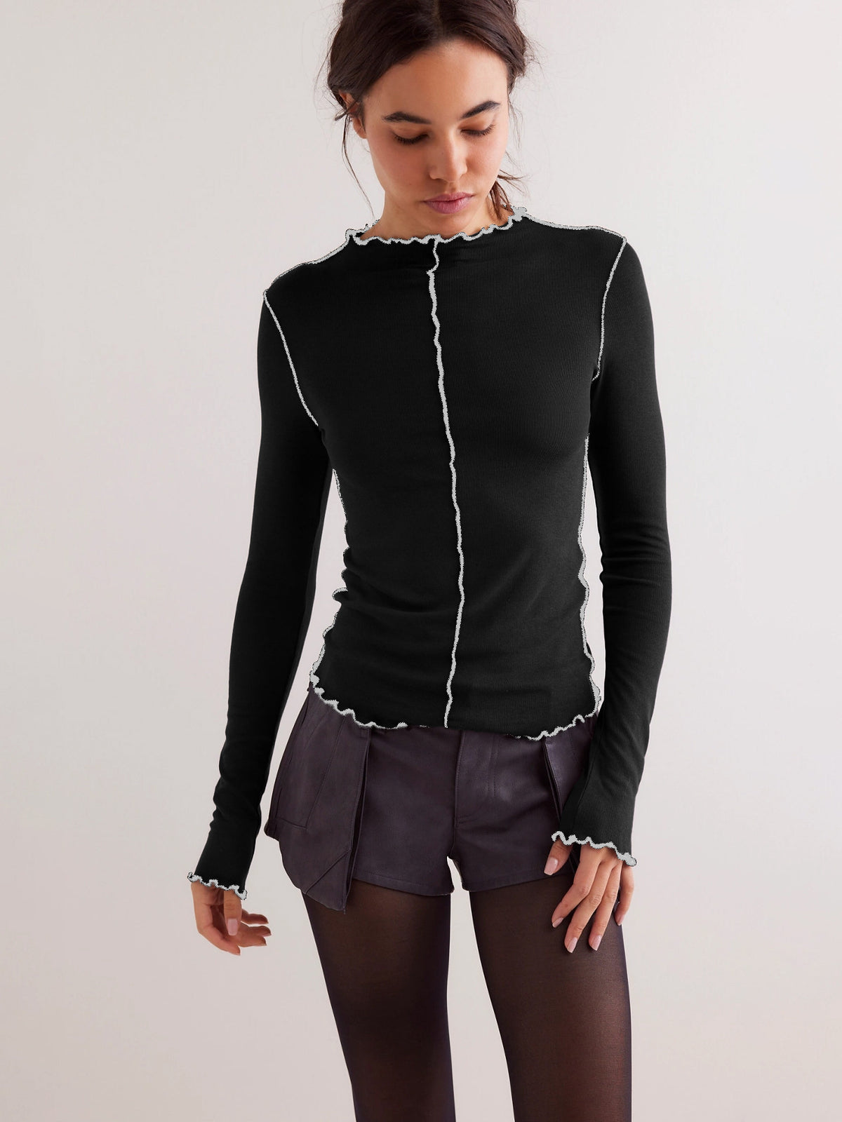 Lettuce Edge Mock Neck Contrast Stitch Long Sleeve Top