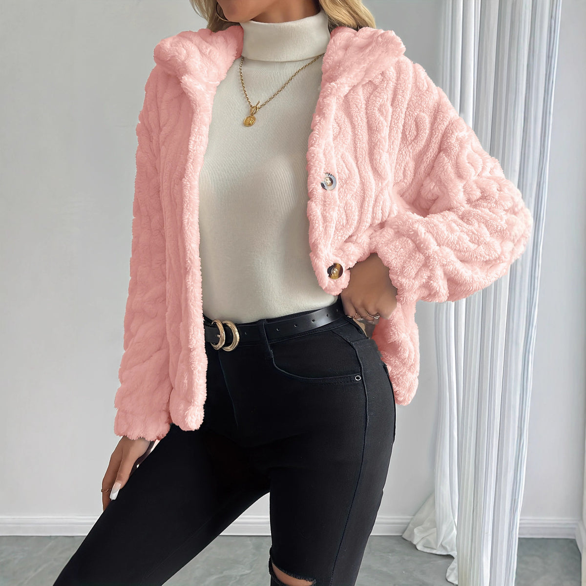 Women's Sherpa Cable Knit Button Up Winter Jacket