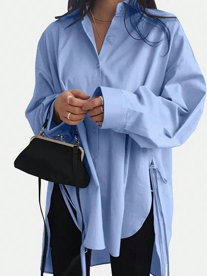 Womens Oversized Shirt Side Tie High Low Long Sleeve Tunic