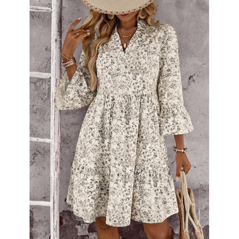 Boho V-Neck Tiered Midi Dress Floral A-Line Summer