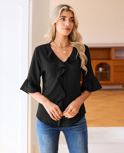 Ruffle V Neck 3/4 Sleeve Textured Blouse Top