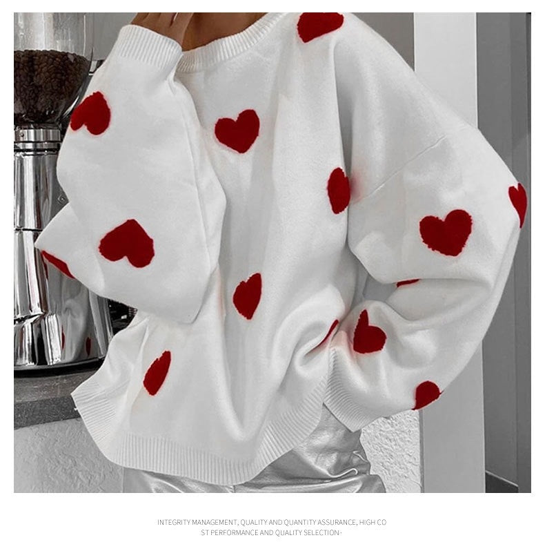 Women's Oversized Heart Embroidered Crewneck Sweater