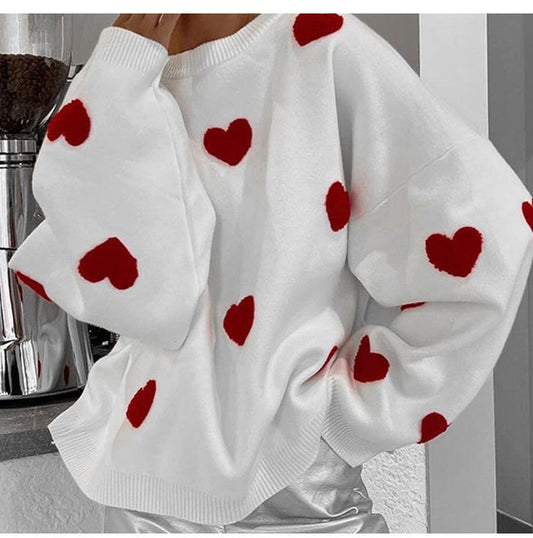 Women's Oversized Heart Embroidered Crewneck Sweater