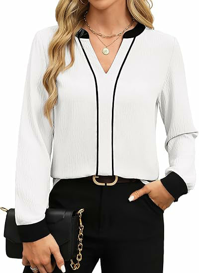 Women's V Neck Color Block Long Sleeve Business Blouse