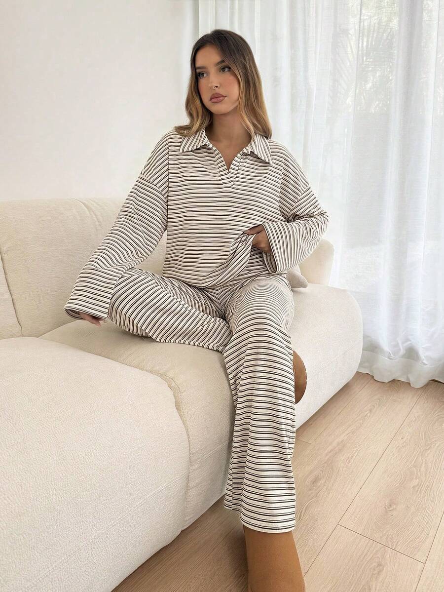 Striped Lounge Set Women Collared Pullover Wide Leg Pants