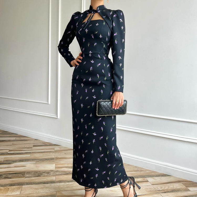 Floral Tie Neck Long Sleeve Bodycon Midi Dress Slit