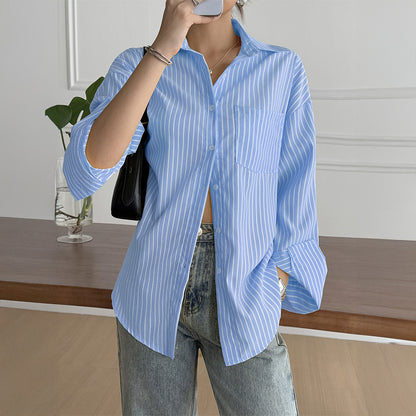 Oversized Striped Long Sleeve Button Down Shirt Women