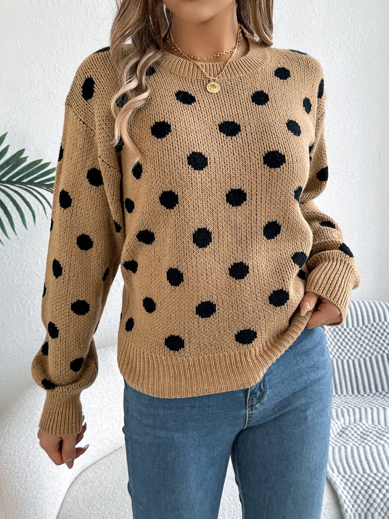 Women's Casual Contrasting Polka Dot Long-sleeved Pullover Sweater