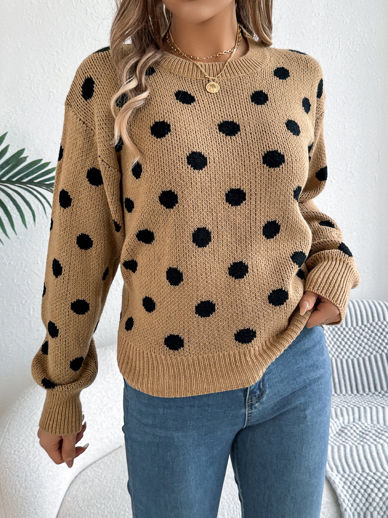 Polka Dot Knit Sweater Long Sleeve Casual Pullover