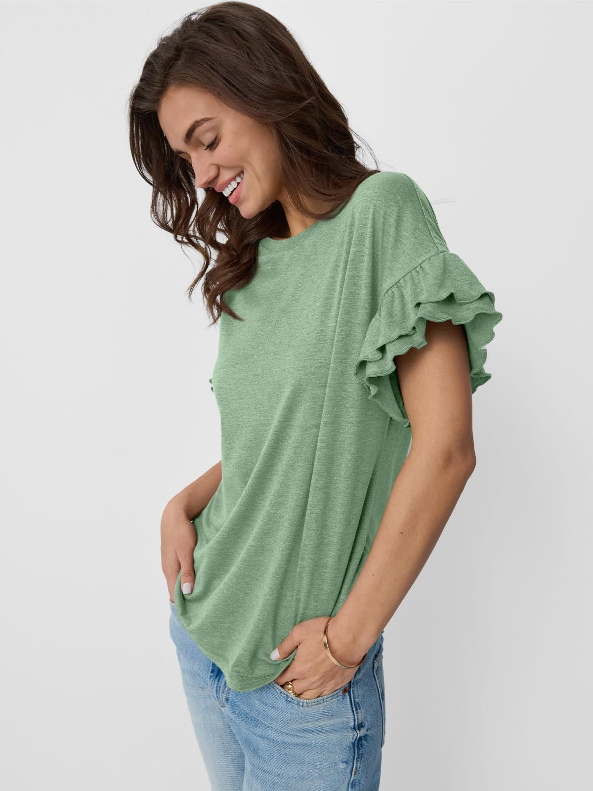 Women’s Ruffle Sleeve Crew Neck Tee Casual Summer Top