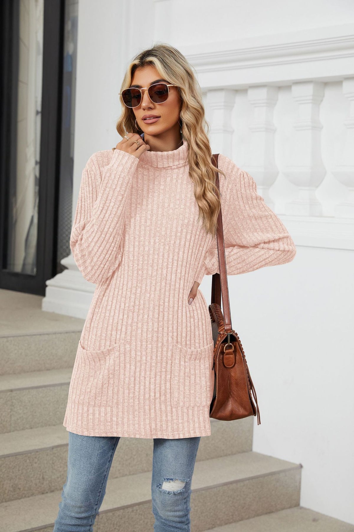 Women's Oversized Ribbed Mock Neck Tunic with Pockets