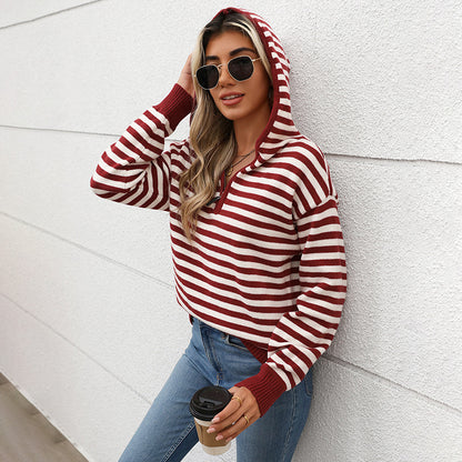 Women's V-neck Striped Christmas Hooded Sweater