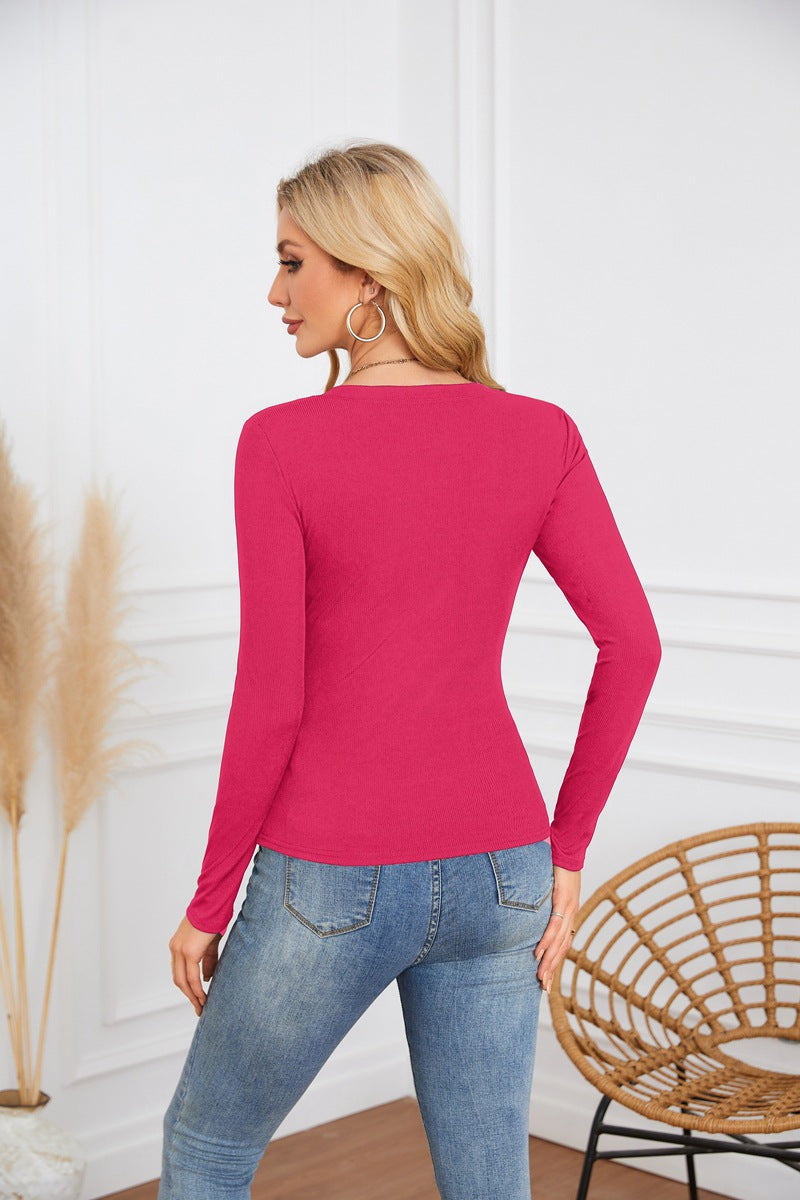 Ribbed Deep V Neck Slim Fit Long Sleeve Tee